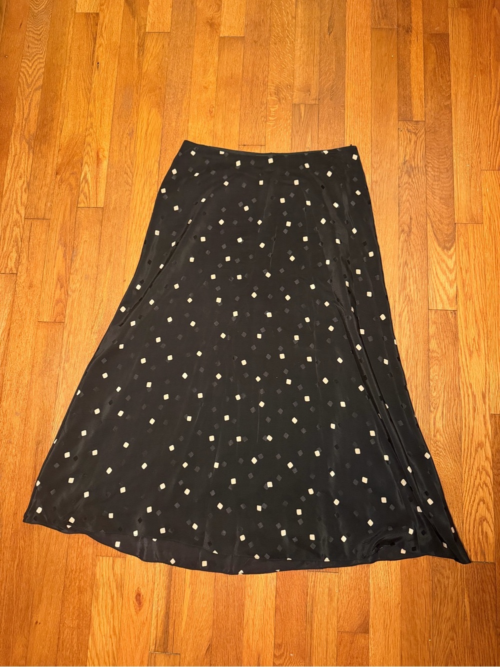 Theory Black A-Line Midi Skirt with Cream Geometric Dots